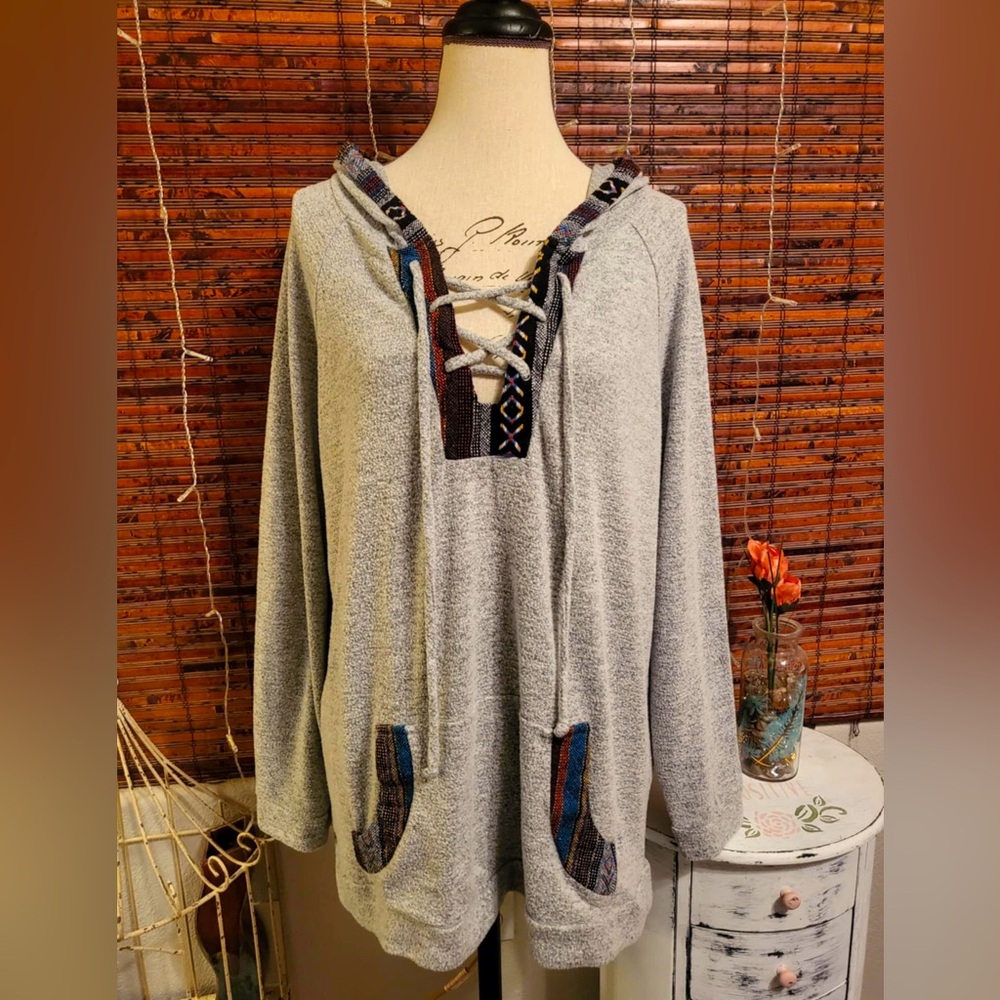 Gray Hooded Sweatshirt with Patterned Accents